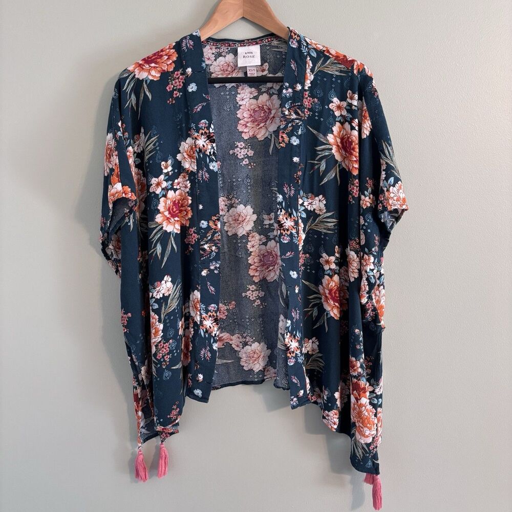 Knox Rose Teal Floral Kimono Top Tassels Bohemian Flowy Feminine Resortwear XS/S